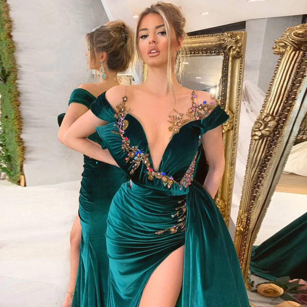 Off The Shoulder Velvet Unique Long Prom Dress With Appliques  gh1910