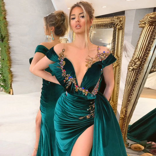 Off The Shoulder Velvet Unique Long Prom Dress With Appliques  gh1910