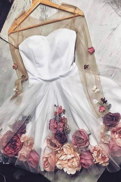 Pink V-Neck 3D Applique Short Prom Dress Long Sleeves Homecoming Dress gh2273