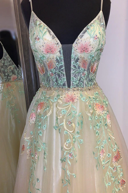 Gorgeous Straps A-Line Floral Embroidered Long Prom Dress  gh2456