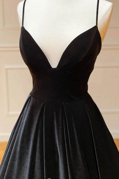 A Line V Neck Backless Black Velvet Long Prom Dresses, V Neck Black Formal Dresses, Black Velvet Evening Dresses  gh2235