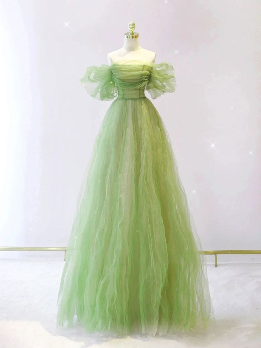 Green A line tulle long prom dress, green tulle formal evening dress gh2732