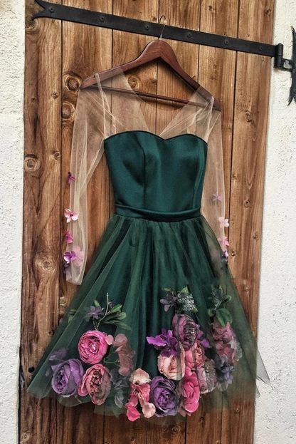 Pink V-Neck 3D Applique Short Prom Dress Long Sleeves Homecoming Dress gh2273
