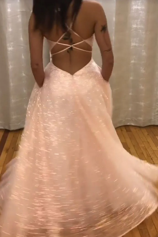 Sparkly Pink Prom Dresses Long A-line Backless Formal Gown With Pocket gh2603