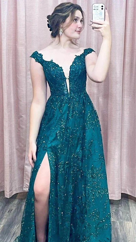 Off Shoulder Green Lace Sequins Long Prom Dress with High Slit, Off the Shoulder Green Formal Dress, Green Lace Evening Dress  gh2214