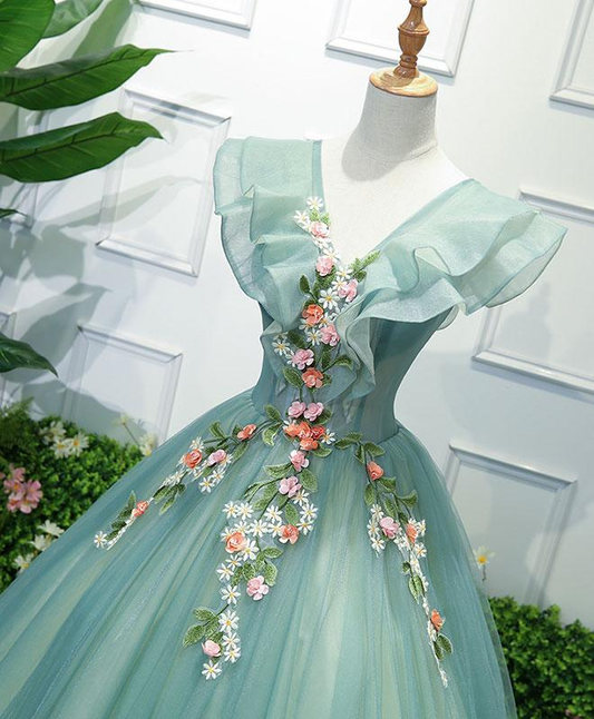 Green V Neck Tulle Long Prom Dress, Formal Dresses, Green Evening Dress  gh2194