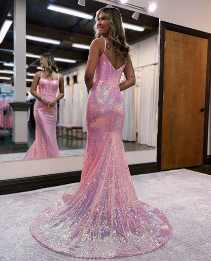 Sparkly Mermaid Sweetheart Pink Sequins Long Prom Dresses gh2521