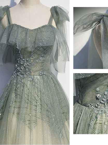 Gray Green Tulle Sequin Beads Long Prom Dress, Green Evening Dress  gh2132