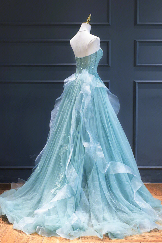 Green Lace Tulle A-Line Long Formal Dress, Green Strapless Evening Dress gh2581