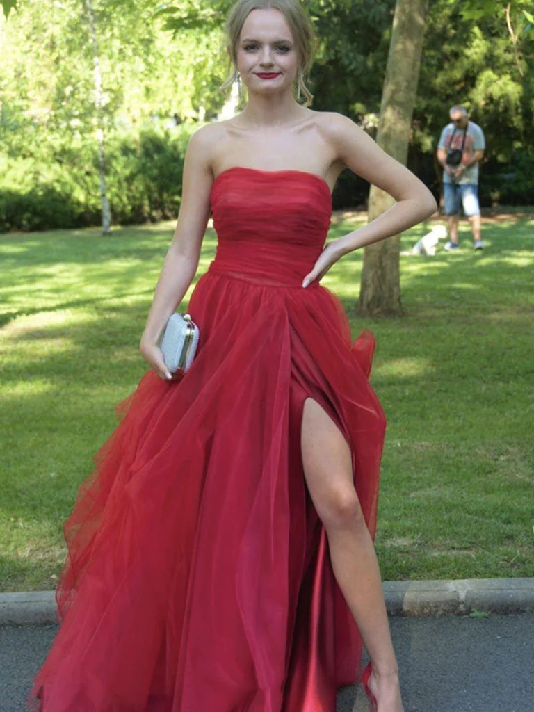Strapless Red Tulle Long Prom Dresses, Red Tulle Long Formal Evening Dresses gh2548