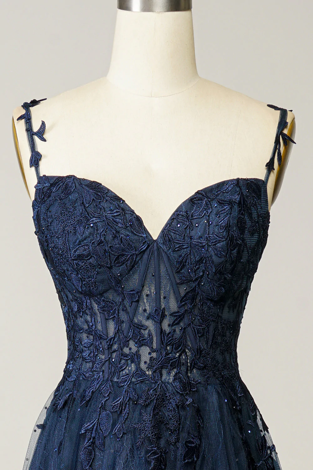 A Line Spaghetti Straps Navy Prom Dress with Appliques gh2104