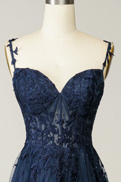 A Line Spaghetti Straps Navy Prom Dress with Appliques gh2104
