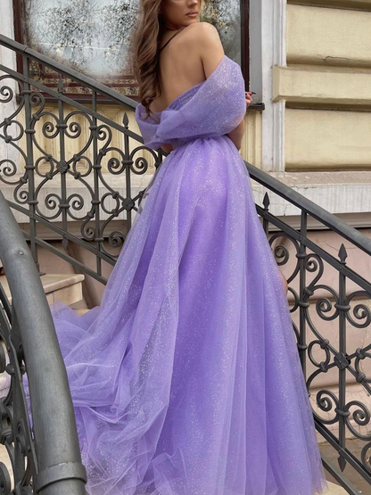 Purple off shoulder tulle long prom dress, A line tulle formal dress gh2251