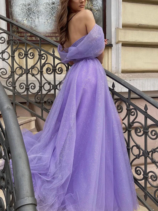 Purple off shoulder tulle long prom dress, A line tulle formal dress gh2251