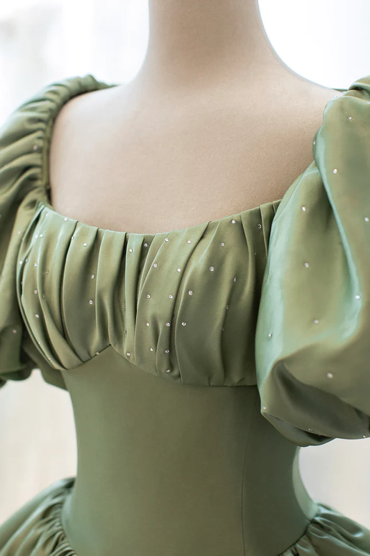 Green Satin Puff Sleeves Long Prom Dress, Green A-Line Formal Dress gh2579