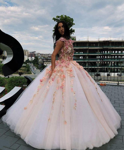 Princess Ball Gown Pink Tulle Prom Dresses with Handmade Flowers, Quinceanera Dress gh2127