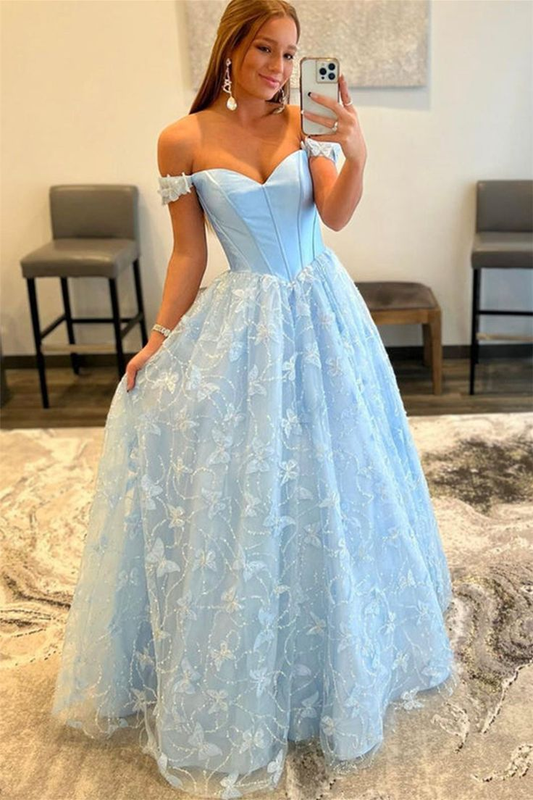Off Shoulder Light Blue Lace Long Prom Dresses, Light Blue Lace Formal Graduation Evening Dresses gh2727