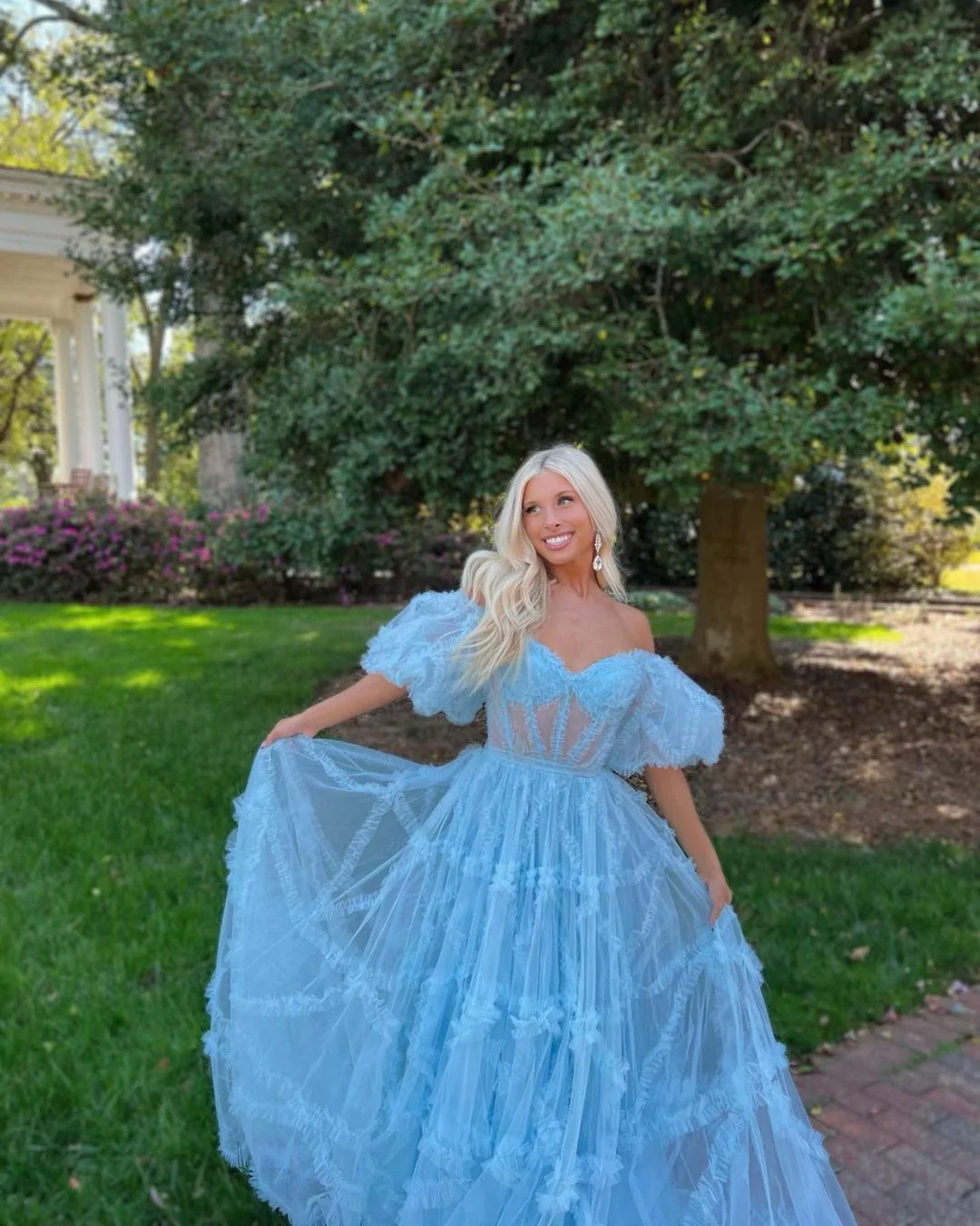 Charming A Line Off the Shoulder Blue Tulle Prom Dresses gh2496