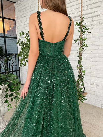 A-Line Prom Dresses Sparkle & Shine Dress Prom Floor Length Sleeveless V Neck Sequined with Sequin gh2207