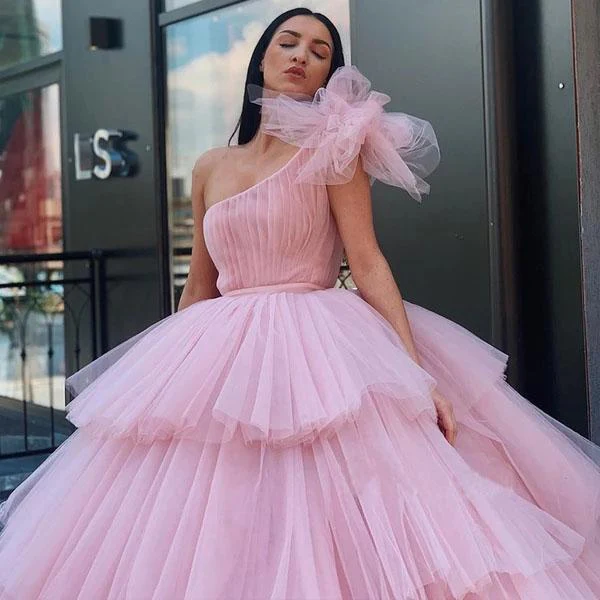 Charming Ball Gown Tulle Pink One Shoulder Long Prom Dresses, Quinceanera Dresses  gh2091