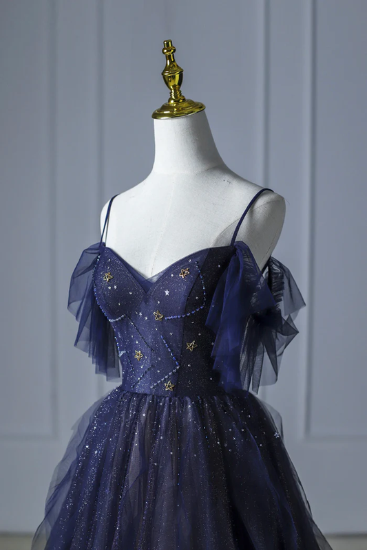 Blue beautiful gradient shiny beads spaghetti strap tulle long ball gown evening dress gh2580