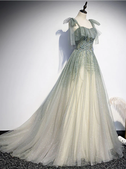 Gray Green Tulle Sequin Beads Long Prom Dress, Green Evening Dress  gh2132