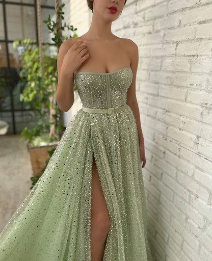 Green tulle sequins prom dress Formal Couture Dress  gh2205