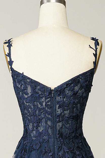 A Line Spaghetti Straps Navy Prom Dress with Appliques gh2104