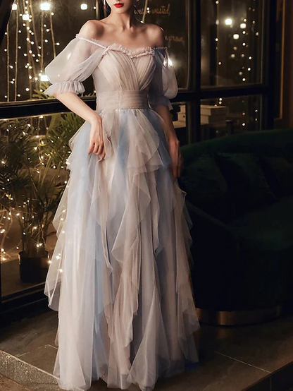 A-Line Prom Dresses Color Block Dress Wedding Party Floor Length Half Sleeve Scoop Neck Tulle with Pleats Ruffles gh2228