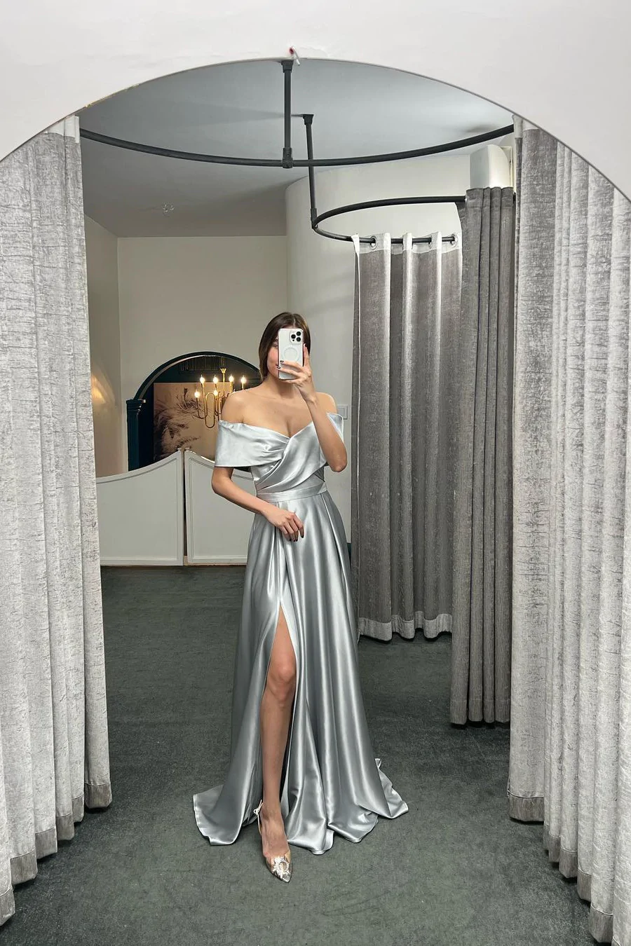 Off The Shoulder Ruby Split Ruffles A-Line Prom Dresses  gh2373