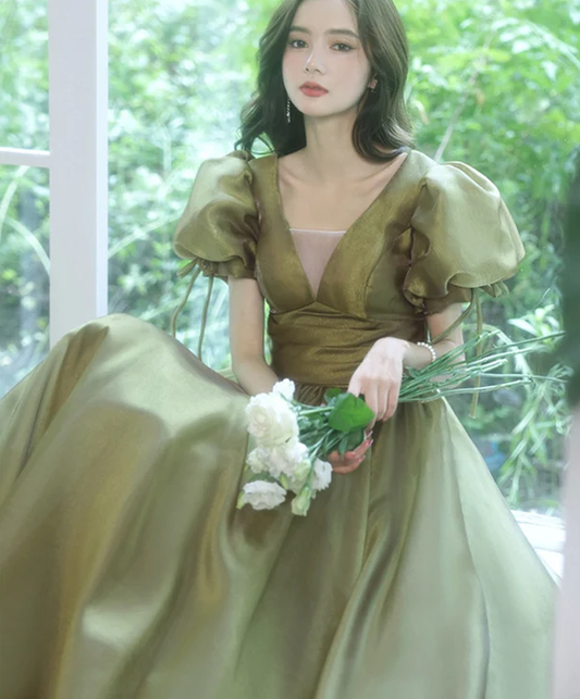 Green Evening Dress, Wedding Guest Dress, Puff Sleeve Dress, Fairy Dress, Cottagecore Dress, French Vintage Dress     fg2943