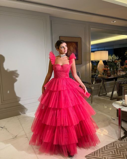 Vestidos de fiesta de tul en capas únicos, vestidos de gala, vestidos de noche largos