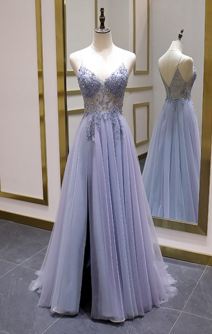 Vestidos de fiesta largos de lujo con cuentas, corte A, tirantes finos, vestido de fiesta de noche de tul dividido