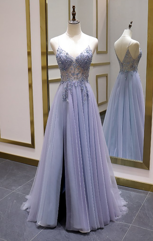 Vestidos de fiesta largos de lujo con cuentas, corte A, tirantes finos, vestido de fiesta de noche de tul dividido