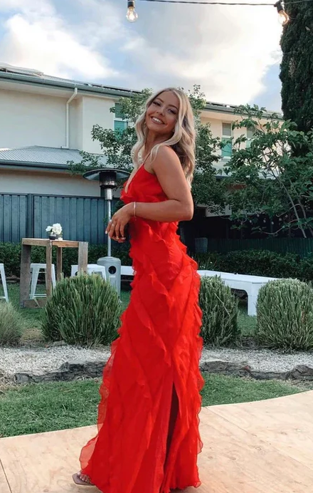 Vestido formal largo con volantes rojos, elegante vestido de noche estilo sirena.