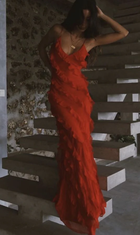 Vestido formal largo con volantes rojos, elegante vestido de noche estilo sirena.