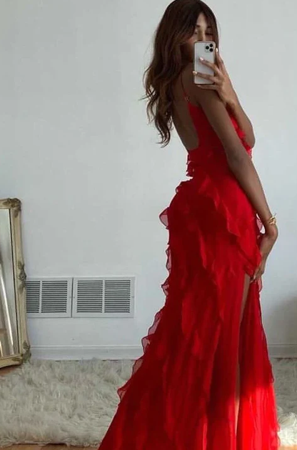 Vestido formal largo con volantes rojos, elegante vestido de noche estilo sirena.
