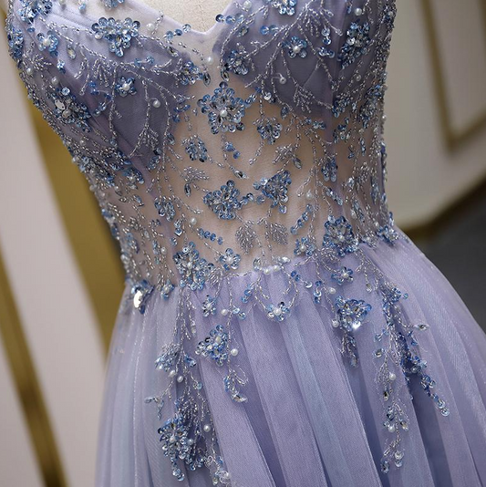 Vestidos de fiesta largos de lujo con cuentas, corte A, tirantes finos, vestido de fiesta de noche de tul dividido