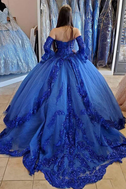 Vestido de quinceañera azul real con mangas largas desmontables