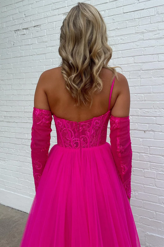 A-line One Shoulder Lace Tulle Prom Dress with Slit      fg4741