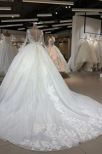 Elegant Long Sleeve Ball Gown Tulle Wedding Dress prom dresses with sleeves      cg24773