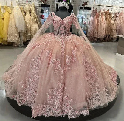 Hermoso vestido de quinceañera rosa con apliques de corazón, corte A, de tul hasta el suelo, para fiesta de graduación, cumpleaños, noche, baile, TP4547