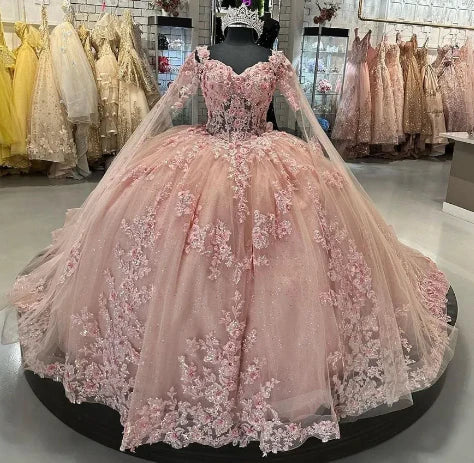 Hermoso vestido de quinceañera rosa con apliques de corazón, corte A, de tul hasta el suelo, para fiesta de graduación, cumpleaños, noche, baile, TP4547