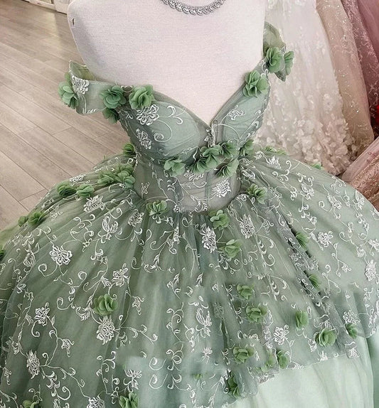 Elegante vestido de quinceañera verde salvia con apliques y hombros descubiertos, corte A, de tul hasta el suelo, para fiesta de graduación, cumpleaños, noche, baile, TP4540