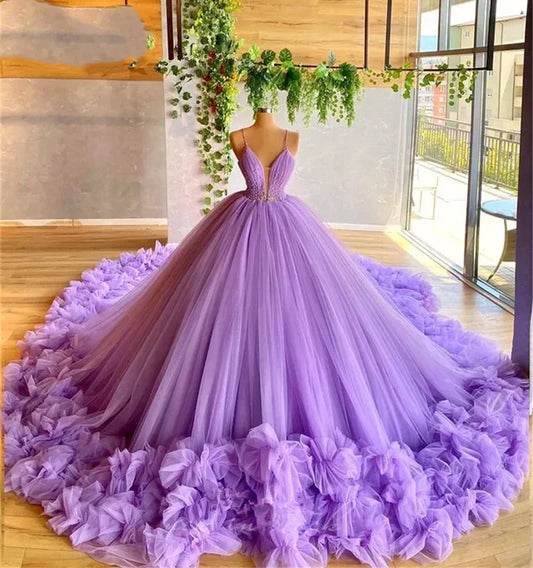Hermoso vestido de quinceañera de tul con volantes y tirantes finos en color lila, largo hasta el suelo, para fiesta de graduación, cumpleaños, noche, baile, TP4537