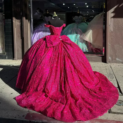 Elegante vestido de quinceañera rosa intenso con lentejuelas y hombros descubiertos, corte en A, de tul hasta el suelo, para fiesta de graduación, cumpleaños, noche, baile, TP4541