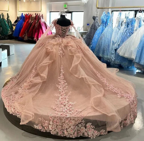Hermoso vestido de quinceañera rosa con apliques de corazón, corte A, de tul hasta el suelo, para fiesta de graduación, cumpleaños, noche, baile, TP4547