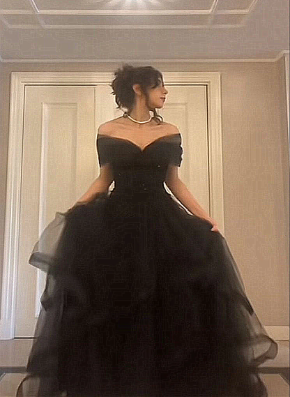 Black Off Shoulder Sweetheart Tulle Prom Dress, Black Tulle A-Line Party Dress       fg5045
