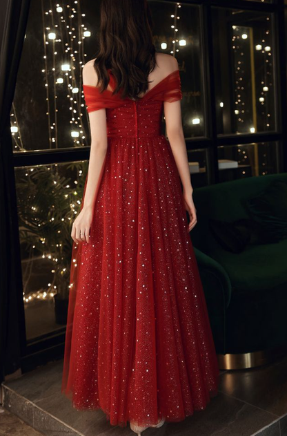 Red Off Shoulder Tulle Long Party Dress, Red A-line Tulle Formal Dress Prom Dress     fg5208