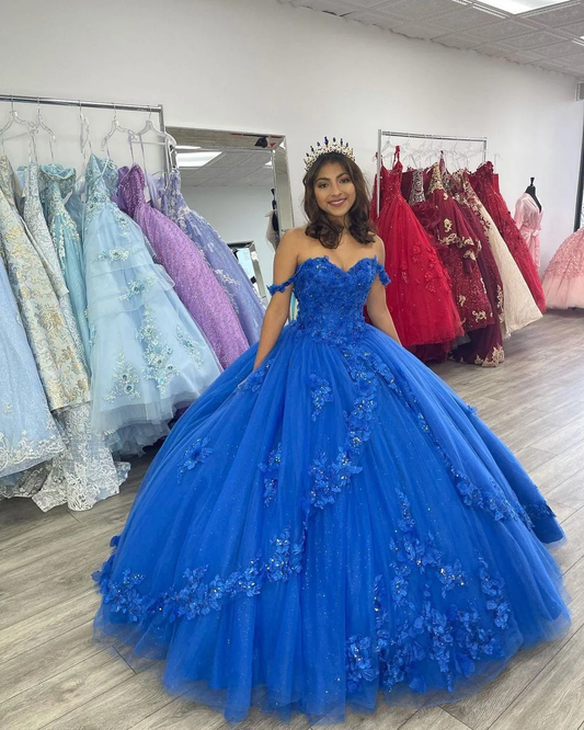 Vestidos de quinceañera azul real con apliques de encaje y tul para fiesta de graduación